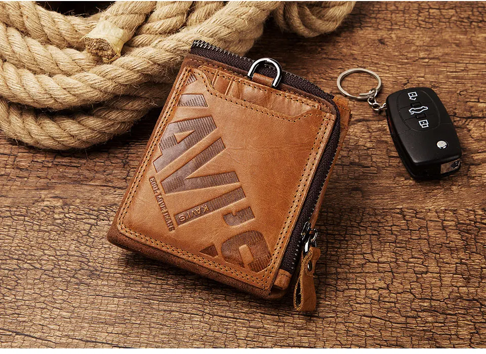 KAVIS Crazy Horse Leather Men Wallets Vintage Cowboy Travel Wallet Card Holder Fashion Coin Purse for Women with Extenal Cardbag