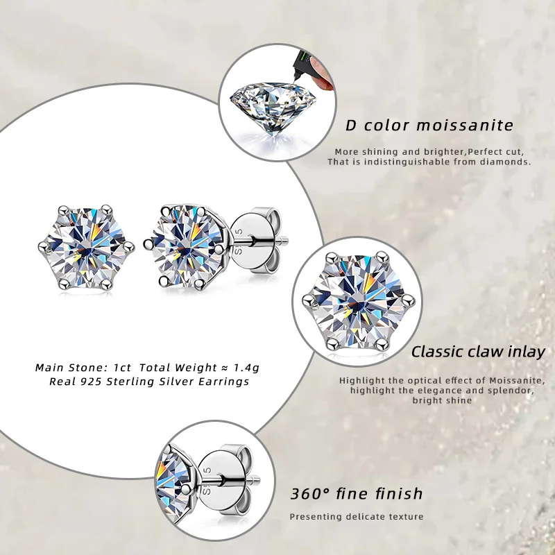 Butterflykiss S925 Sterling Silver Gold Plated D Color Moissanite Stud Earrings For Women Top Quality Sparkling Wedding Jewelry
