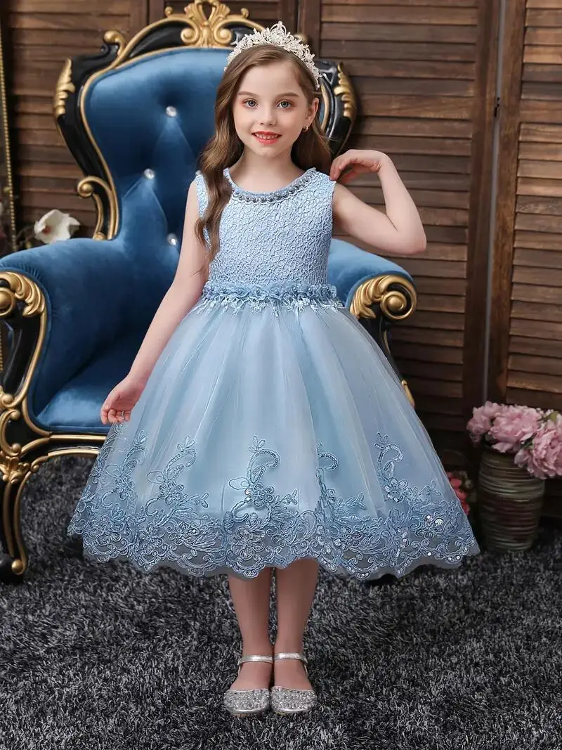 Girls Sleeveless Lace Floral Princess Dresses#981