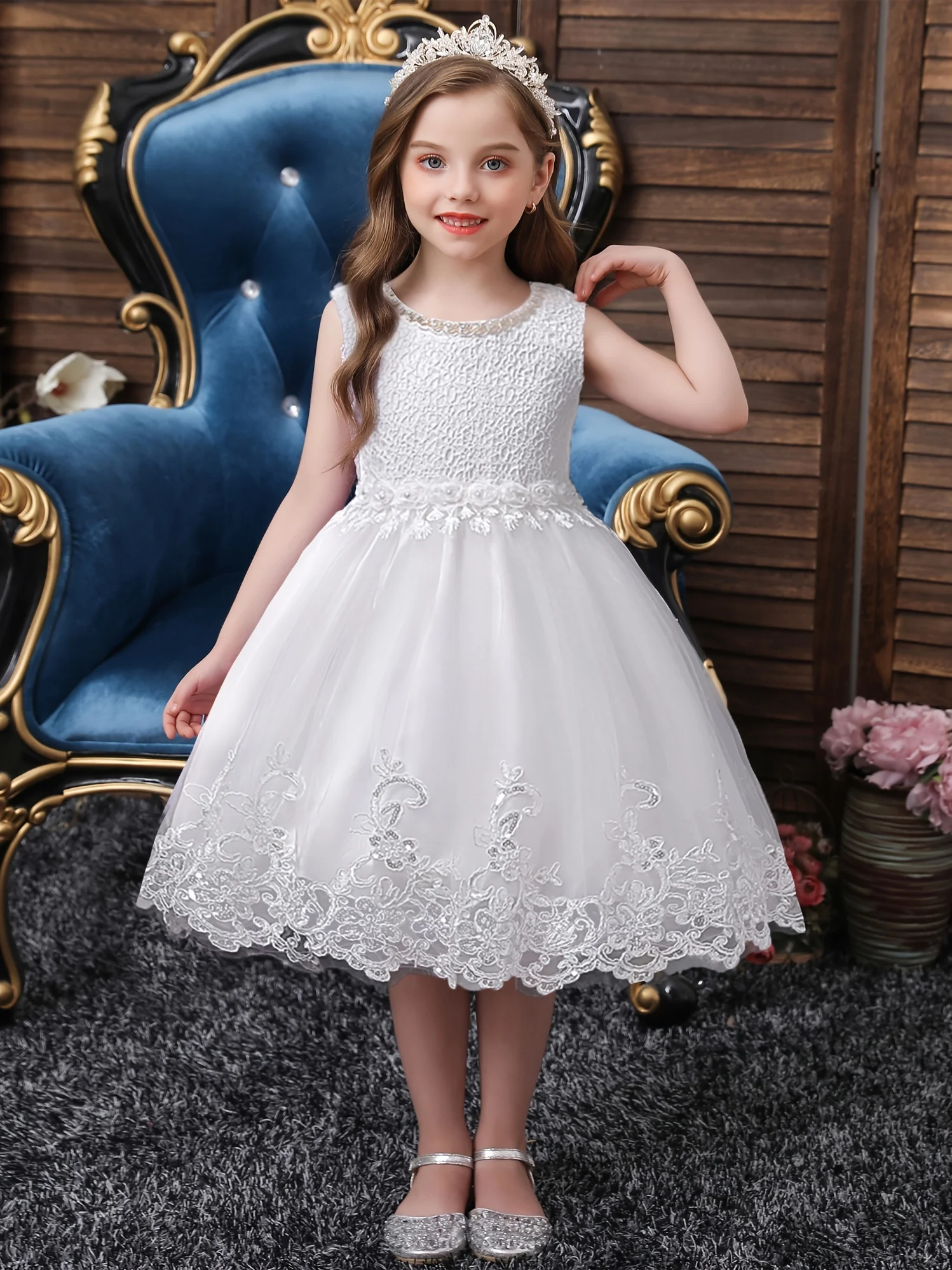 Girls Sleeveless Lace Floral Princess Dresses#981