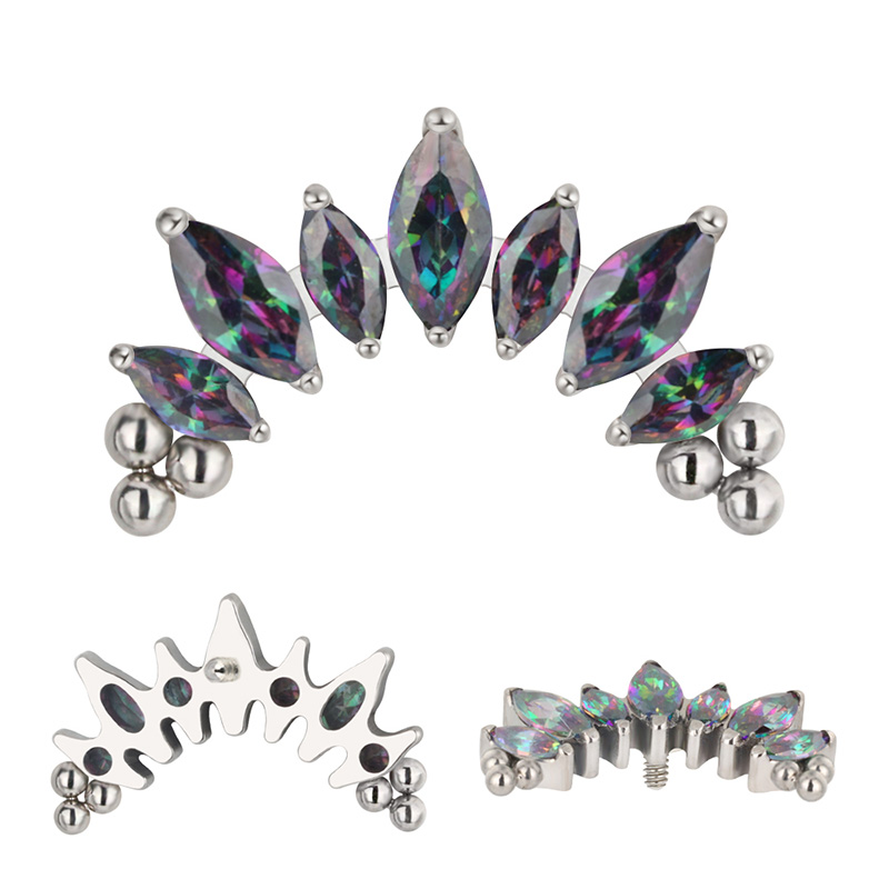 ASTM F136 Titanium PIERC 7 CZ Marquise With Tri-bead Cluster Threaded Top Ear Cartilage Earrings Lip Ring Stud Piercing Jewelry