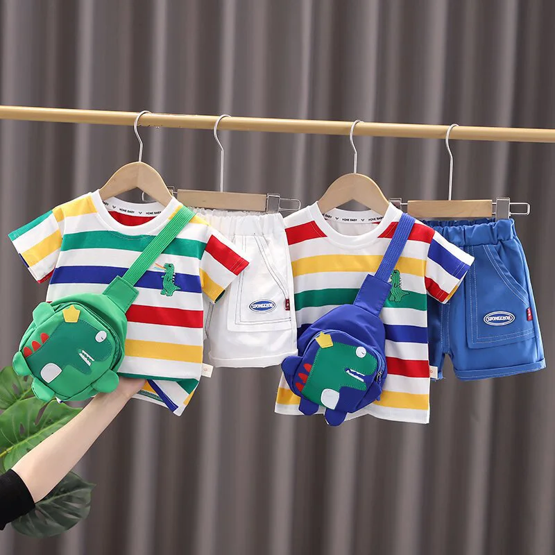 Summer Cute Cartoon Dinosaur Fashion Children O-neck T-shirt+Shorts+Bag Toddler Baby Boys Girls Clothes Set New Kids Tracksuits