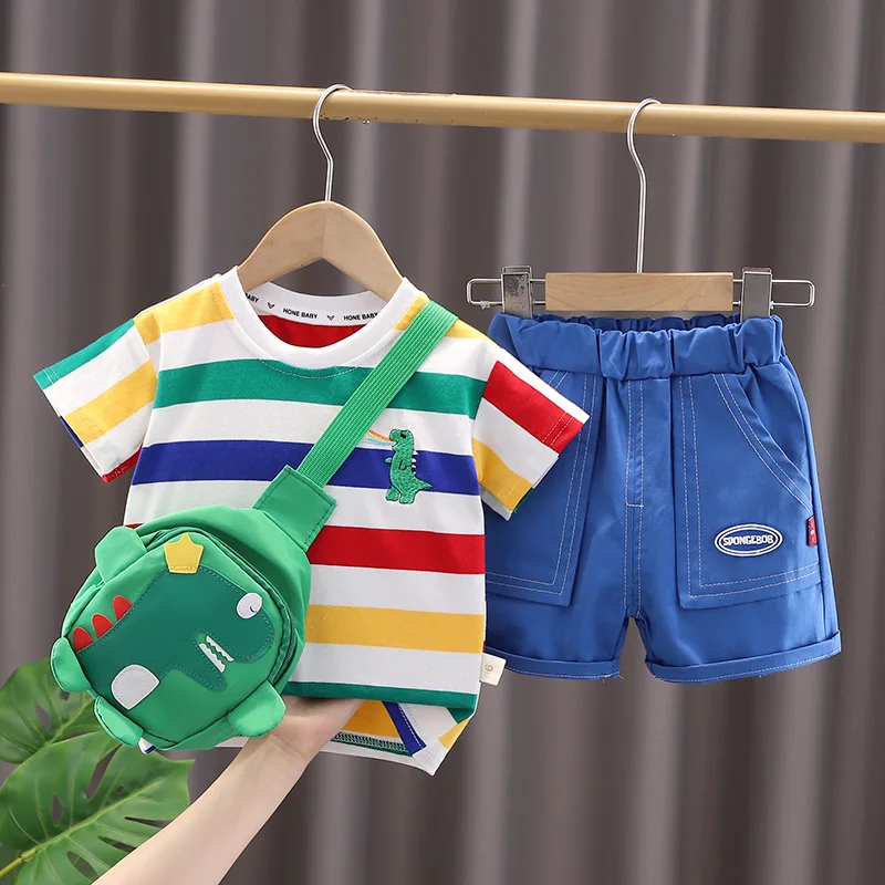 Summer Cute Cartoon Dinosaur Fashion Children O-neck T-shirt+Shorts+Bag Toddler Baby Boys Girls Clothes Set New Kids Tracksuits