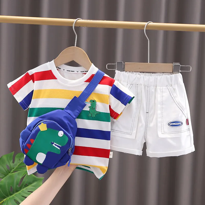 Summer Cute Cartoon Dinosaur Fashion Children O-neck T-shirt+Shorts+Bag Toddler Baby Boys Girls Clothes Set New Kids Tracksuits