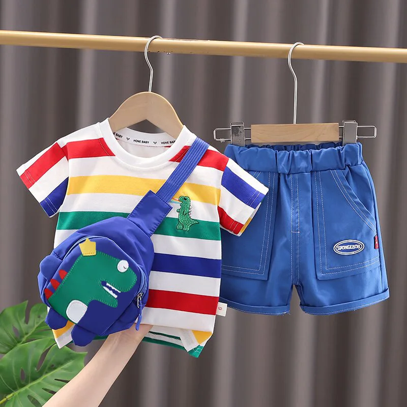 Summer Cute Cartoon Dinosaur Fashion Children O-neck T-shirt+Shorts+Bag Toddler Baby Boys Girls Clothes Set New Kids Tracksuits