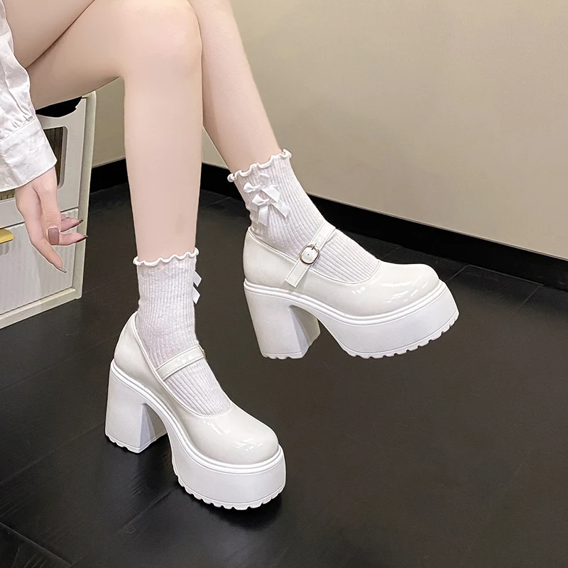 Chunky Platform High Heels Pumps Women 2023 Autumn Pu Leather Ankle Buckle Mary Jane Shoes Woman Thick Heeled White Lolita Shoes
