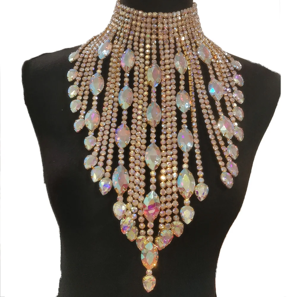CuiEr 40cm Length SS28 Rhinestones Chain Tassel Stunning Crystal AB Lrregular Necklace for Women Choker Jewelry Glass Wedding