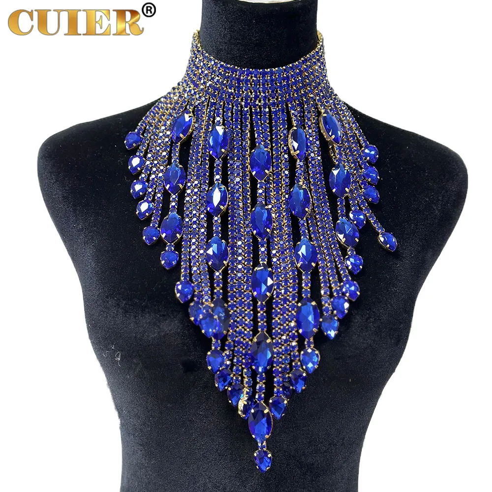 CuiEr 40cm Length SS28 Rhinestones Chain Tassel Stunning Crystal AB Lrregular Necklace for Women Choker Jewelry Glass Wedding