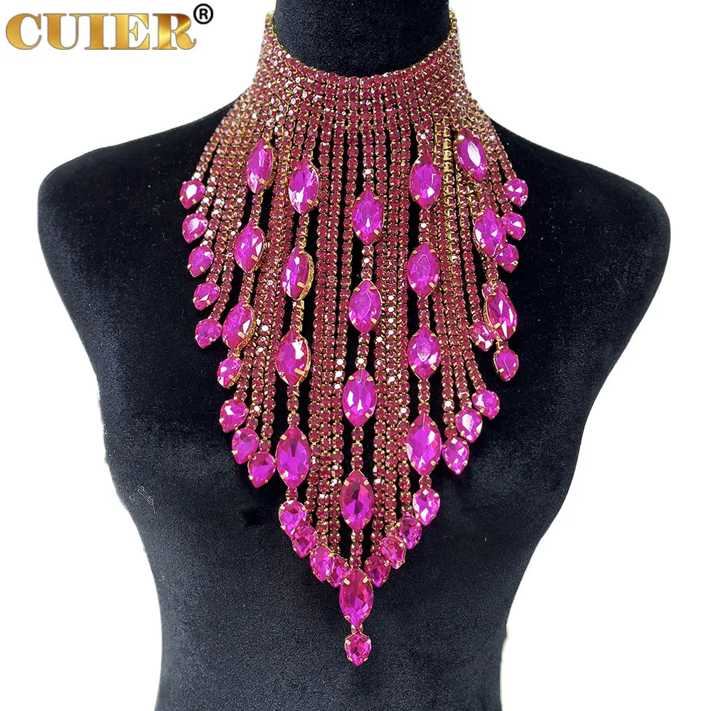 CuiEr 40cm Length SS28 Rhinestones Chain Tassel Stunning Crystal AB Lrregular Necklace for Women Choker Jewelry Glass Wedding