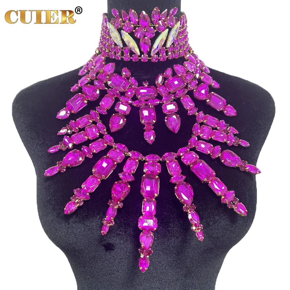 CuiEr 40cm Length SS28 Rhinestones Chain Tassel Stunning Crystal AB Lrregular Necklace for Women Choker Jewelry Glass Wedding
