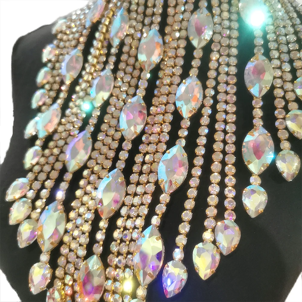 CuiEr 40cm Length SS28 Rhinestones Chain Tassel Stunning Crystal AB Lrregular Necklace for Women Choker Jewelry Glass Wedding