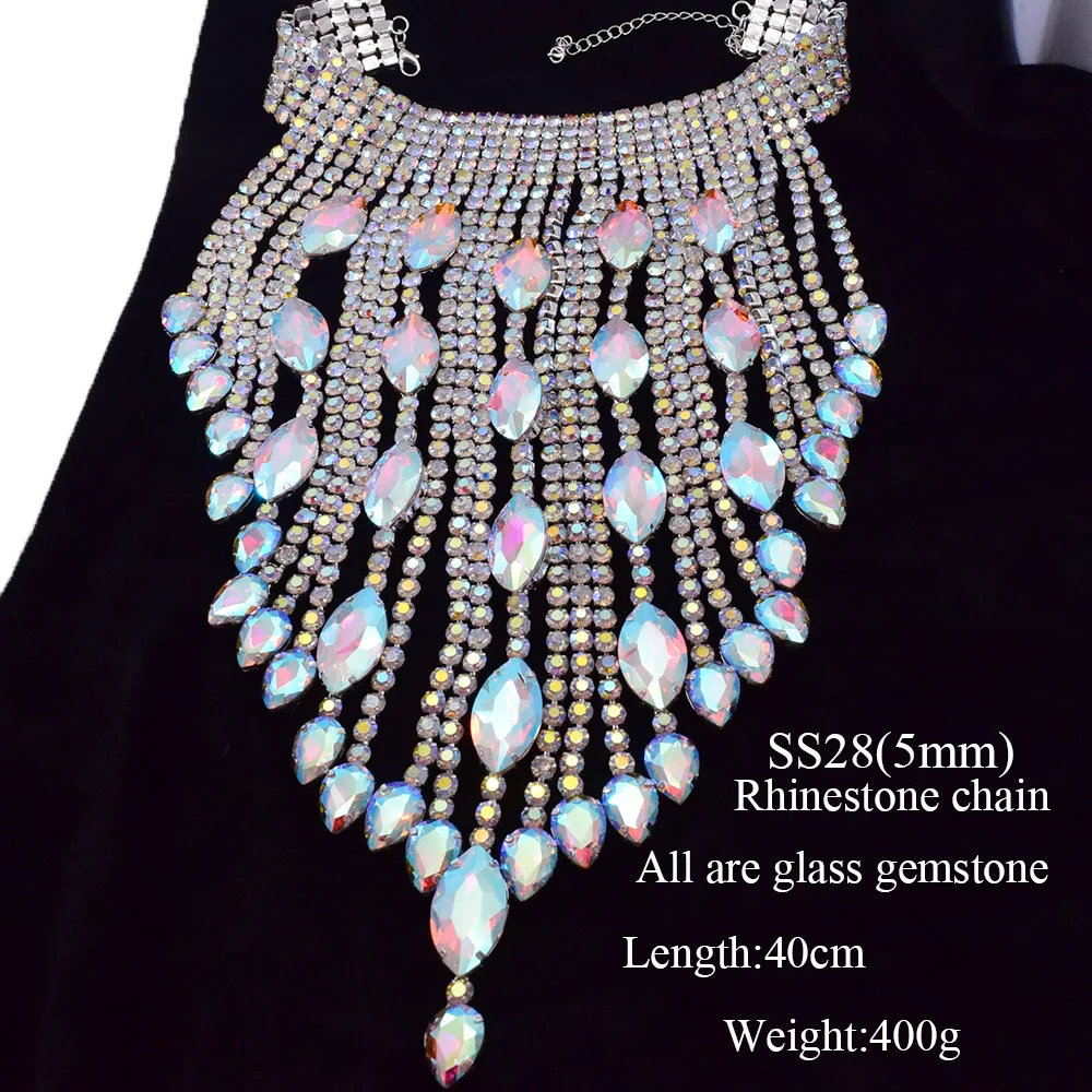 CuiEr 40cm Length SS28 Rhinestones Chain Tassel Stunning Crystal AB Lrregular Necklace for Women Choker Jewelry Glass Wedding