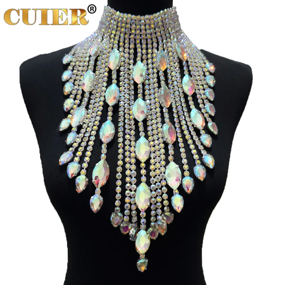 CuiEr 40cm Length SS28 Rhinestones Chain Tassel Stunning Crystal AB Lrregular Necklace for Women Choker Jewelry Glass Wedding
