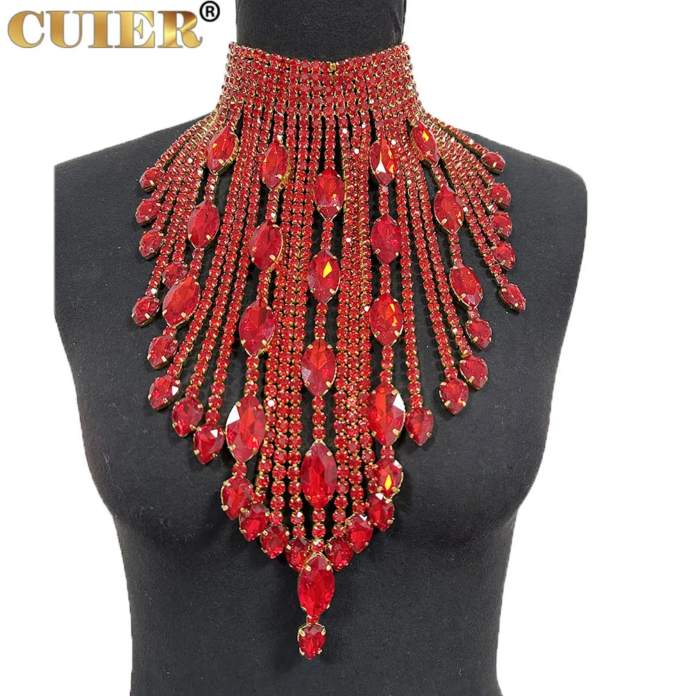 CuiEr 40cm Length SS28 Rhinestones Chain Tassel Stunning Crystal AB Lrregular Necklace for Women Choker Jewelry Glass Wedding