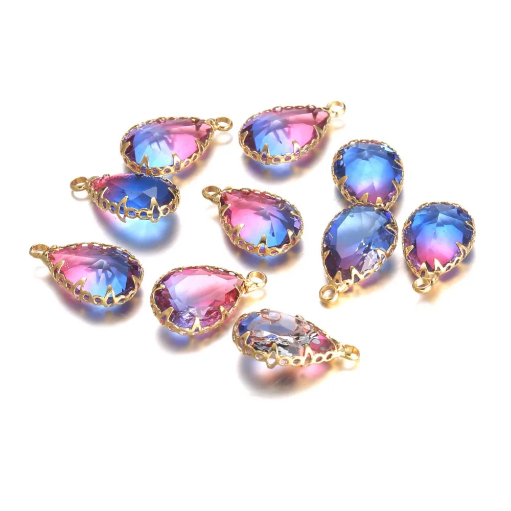 10pcs/lot Copper Colorful Crystal Water Drop Crystal Charms For Jewelry DIY Making Shining Crystal Brass Pendant Accessories