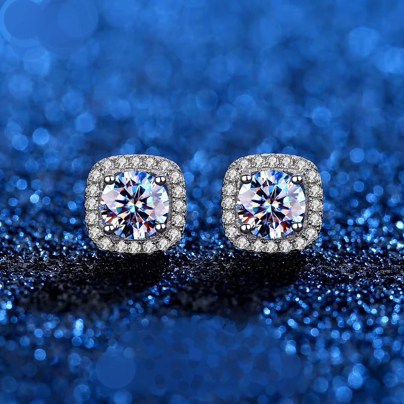 D Color VVS1 Moissanite Square Stud Earrings Women 925 Sterling Silver Moissanita Ear Studs Platinum Finish Pass Diamond Tester