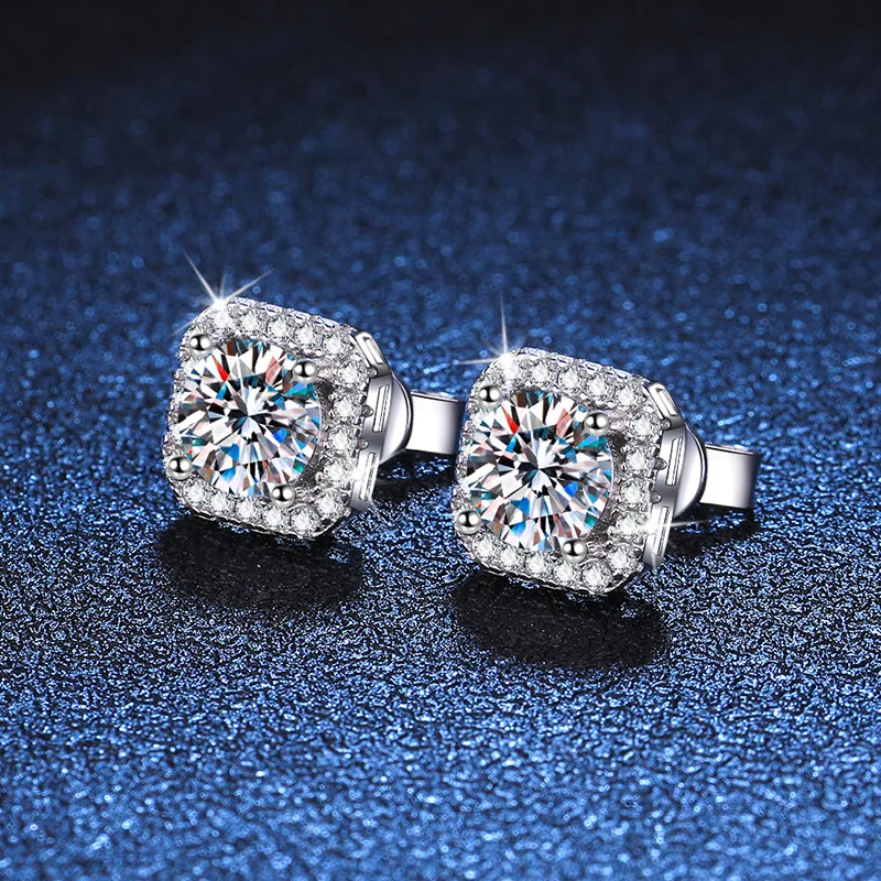 D Color VVS1 Moissanite Square Stud Earrings Women 925 Sterling Silver Moissanita Ear Studs Platinum Finish Pass Diamond Tester