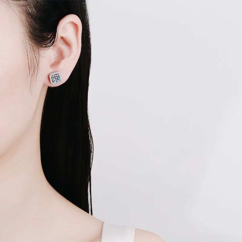 D Color VVS1 Moissanite Square Stud Earrings Women 925 Sterling Silver Moissanita Ear Studs Platinum Finish Pass Diamond Tester