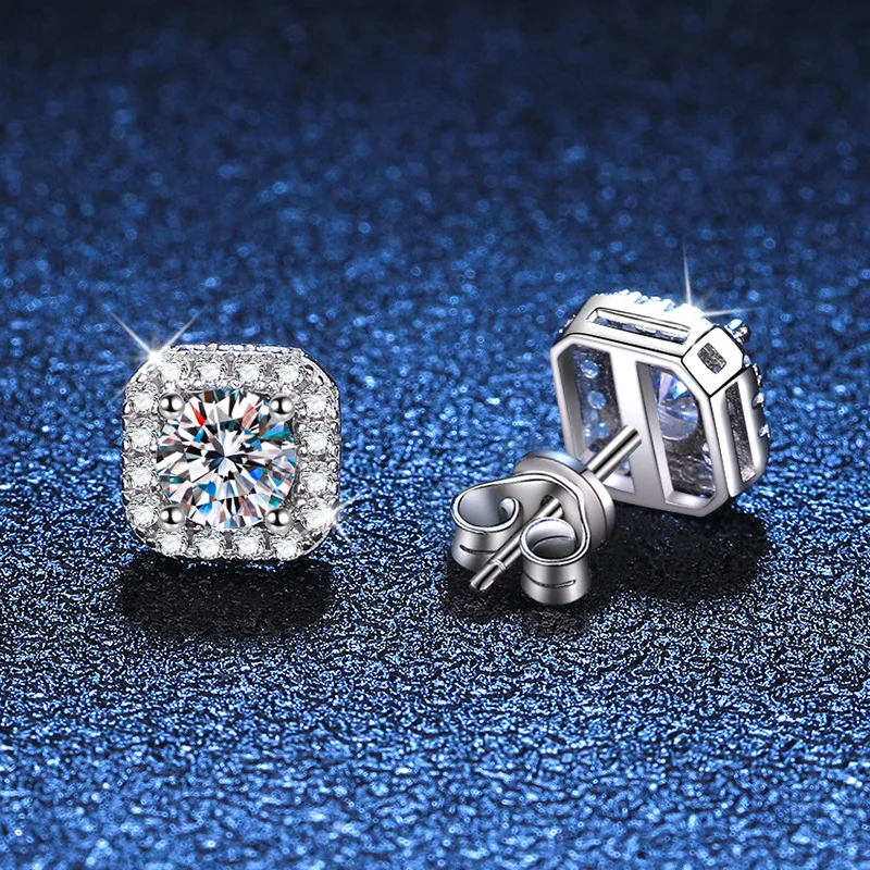D Color VVS1 Moissanite Square Stud Earrings Women 925 Sterling Silver Moissanita Ear Studs Platinum Finish Pass Diamond Tester
