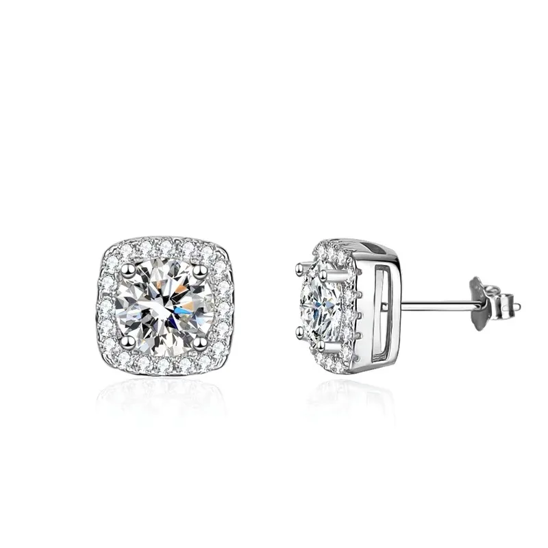 D Color VVS1 Moissanite Square Stud Earrings Women 925 Sterling Silver Moissanita Ear Studs Platinum Finish Pass Diamond Tester