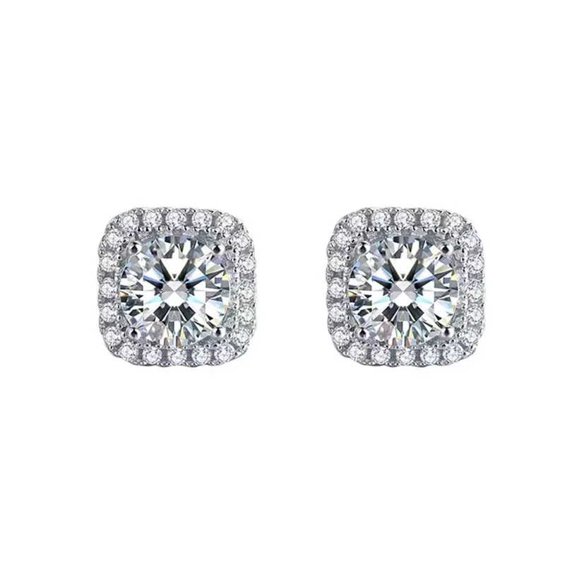 D Color VVS1 Moissanite Square Stud Earrings Women 925 Sterling Silver Moissanita Ear Studs Platinum Finish Pass Diamond Tester