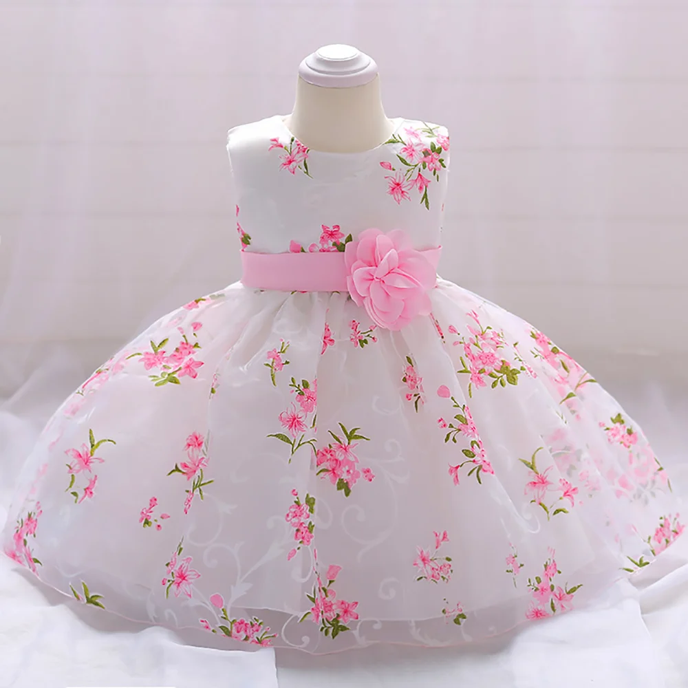 Baby Girls 1 Year Birthday Princess Party Flowers Baptism Dress Infant Embroidery Floral Sleeveless Costume Newborn Kids Clothes