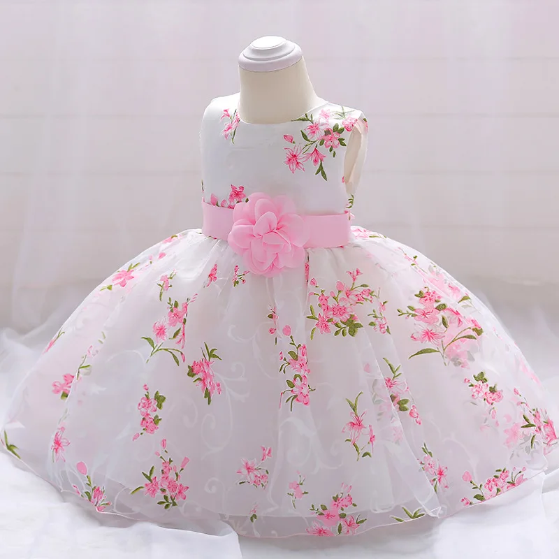 Baby Girls 1 Year Birthday Princess Party Flowers Baptism Dress Infant Embroidery Floral Sleeveless Costume Newborn Kids Clothes