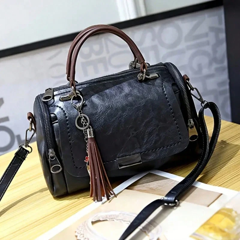 Tassel Decor Women's Large Capacity Shoulder Bag Fashion Zipper Crossbody Bag With Removable Strap Boston Handbag
