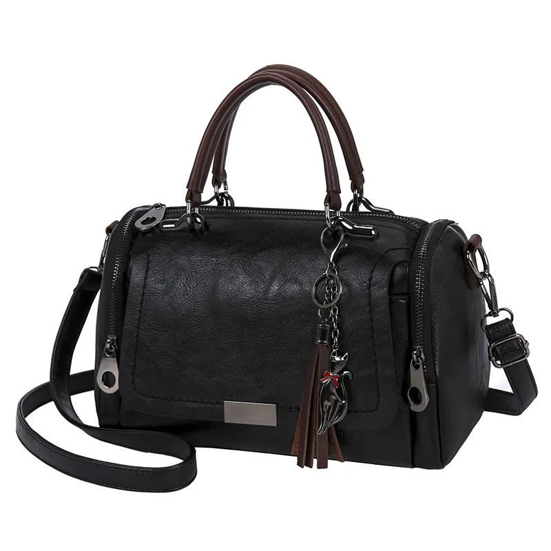 Tassel Decor Women's Large Capacity Shoulder Bag Fashion Zipper Crossbody Bag With Removable Strap Boston Handbag