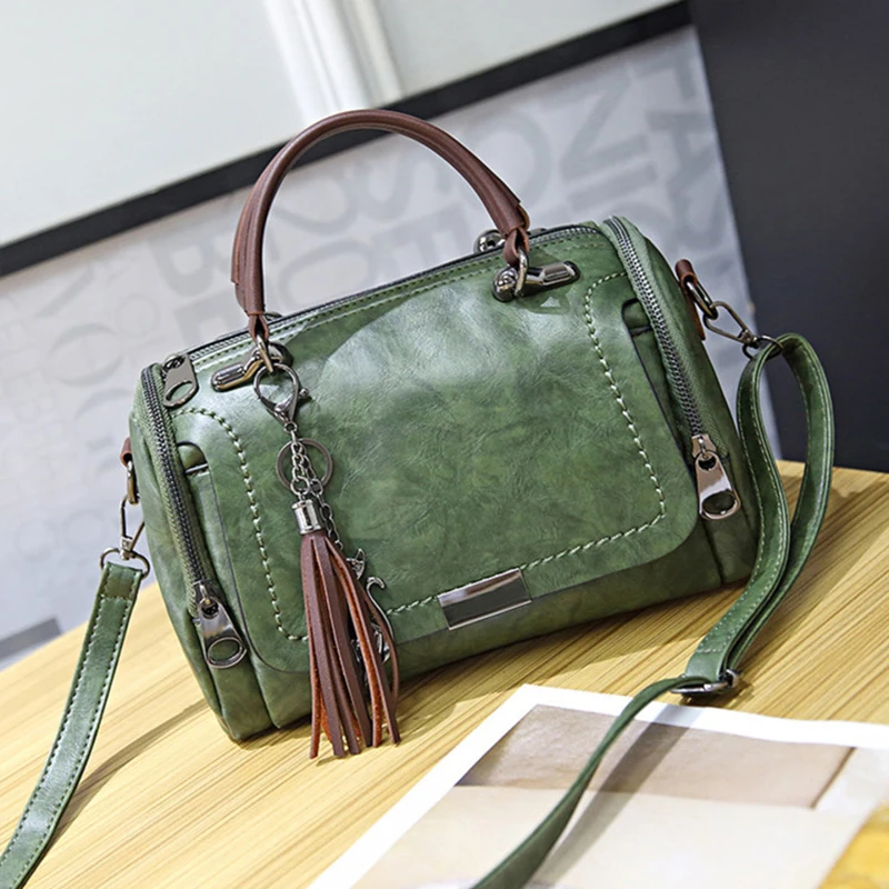 Tassel Decor Women's Large Capacity Shoulder Bag Fashion Zipper Crossbody Bag With Removable Strap Boston Handbag
