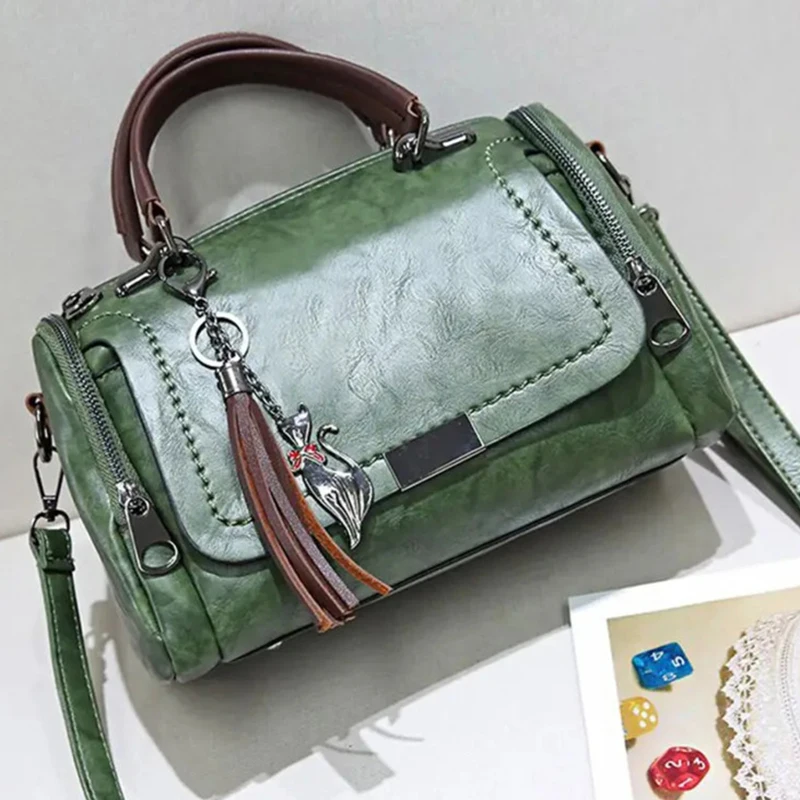 Tassel Decor Women's Large Capacity Shoulder Bag Fashion Zipper Crossbody Bag With Removable Strap Boston Handbag
