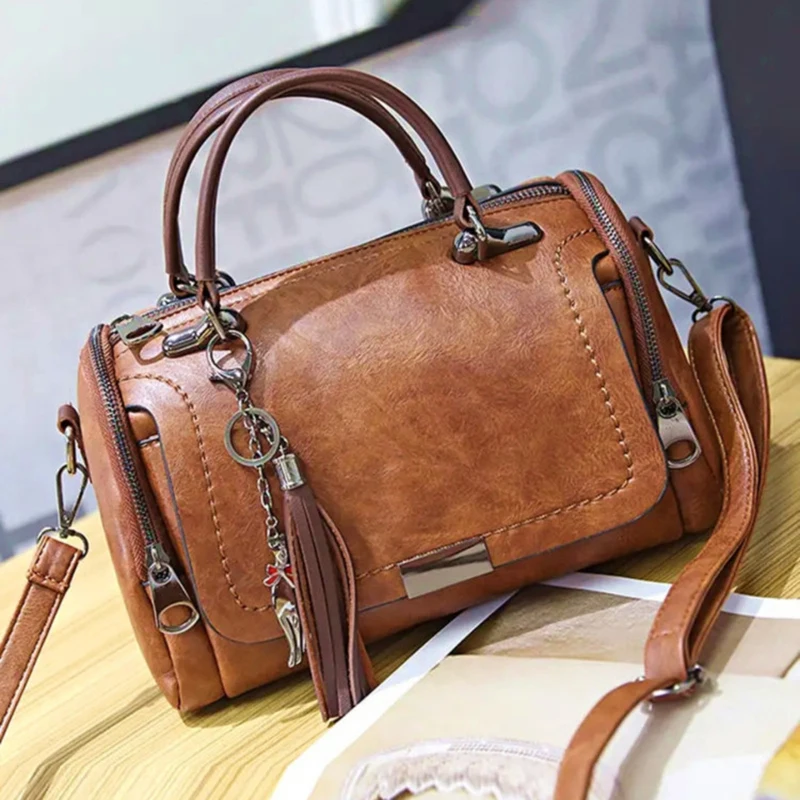 Tassel Decor Women's Large Capacity Shoulder Bag Fashion Zipper Crossbody Bag With Removable Strap Boston Handbag
