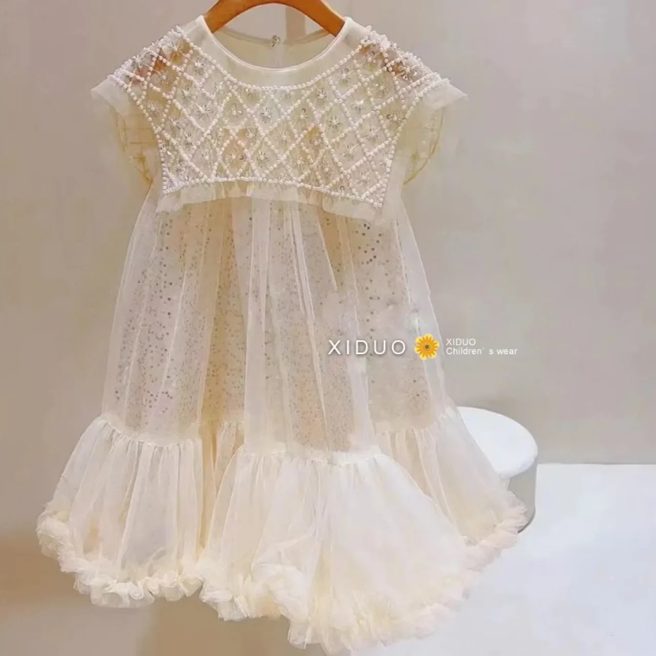 2024 New Girls Princess Dress Casual Spring Summer Children's Clothing Kids Girl Pearl Neck Dresses Fashion Yarn Dress