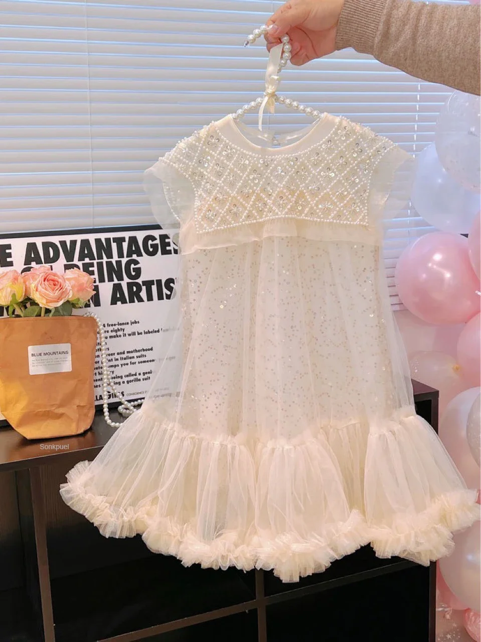 2024 New Girls Princess Dress Casual Spring Summer Children's Clothing Kids Girl Pearl Neck Dresses Fashion Yarn Dress