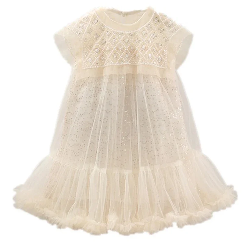 2024 New Girls Princess Dress Casual Spring Summer Children's Clothing Kids Girl Pearl Neck Dresses Fashion Yarn Dress