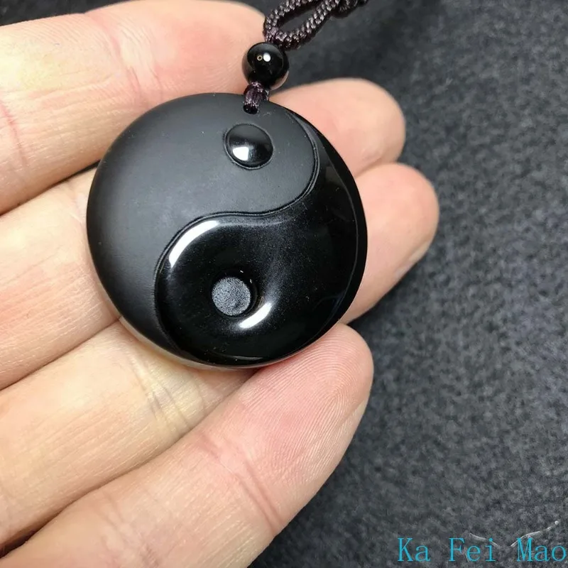 Obsidian Yin and Yang Taiji Bagua Pendant Necklace Nine Words of Truth Lucky Amulet Crystal Jewelry Couple Pairing Holiday Gift