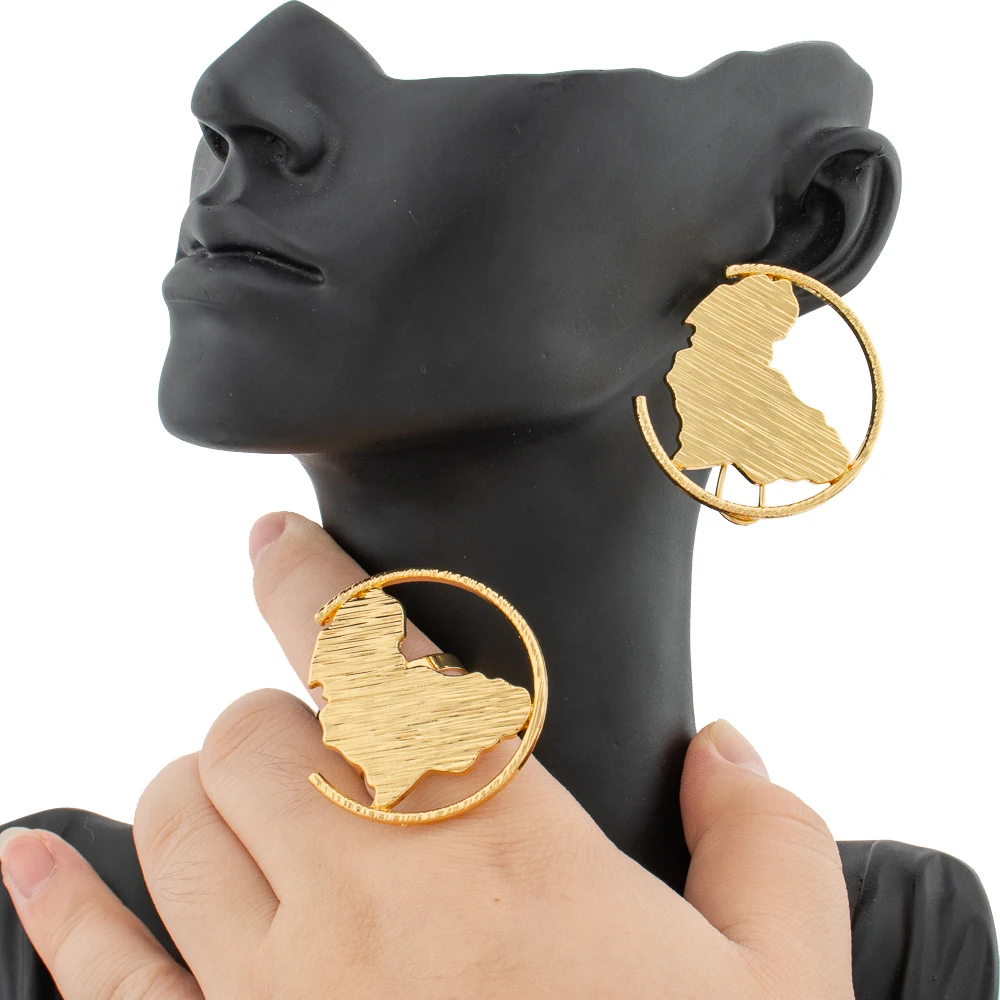 African Gold Jewelry Set 18K Gold Plated Necklace and Earrings Bangle Ring Set for Women Classic Design Clip Jewelry