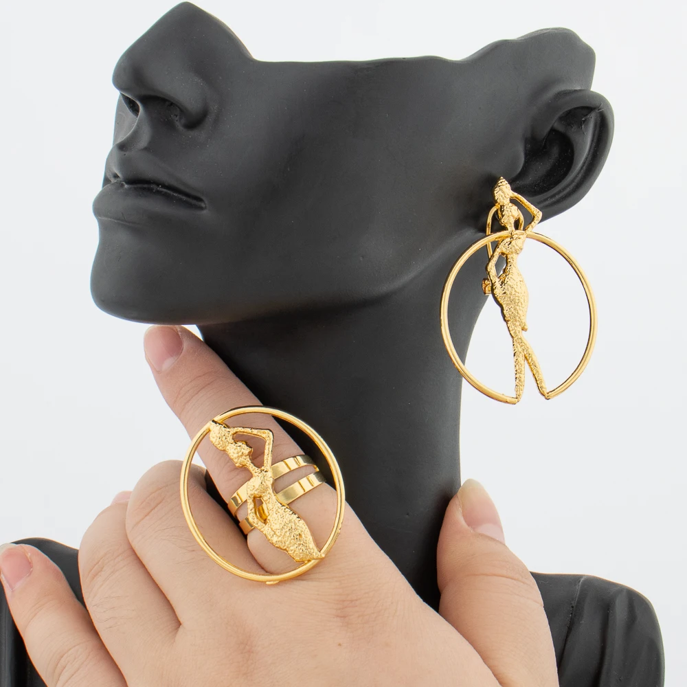 African Gold Jewelry Set 18K Gold Plated Necklace and Earrings Bangle Ring Set for Women Classic Design Clip Jewelry