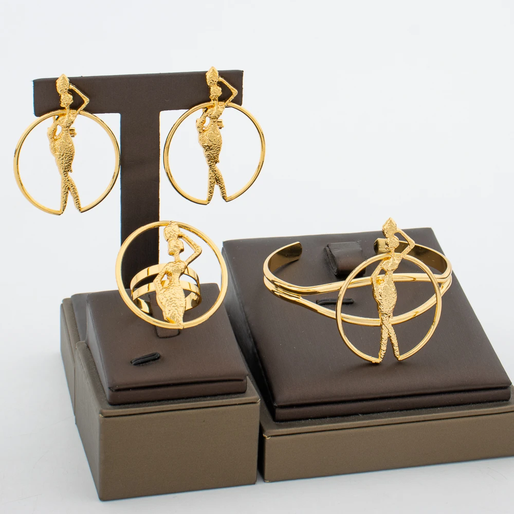 African Gold Jewelry Set 18K Gold Plated Necklace and Earrings Bangle Ring Set for Women Classic Design Clip Jewelry