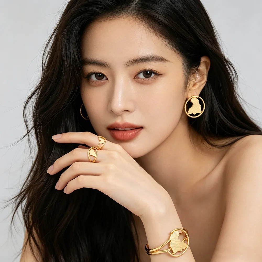 African Gold Jewelry Set 18K Gold Plated Necklace and Earrings Bangle Ring Set for Women Classic Design Clip Jewelry