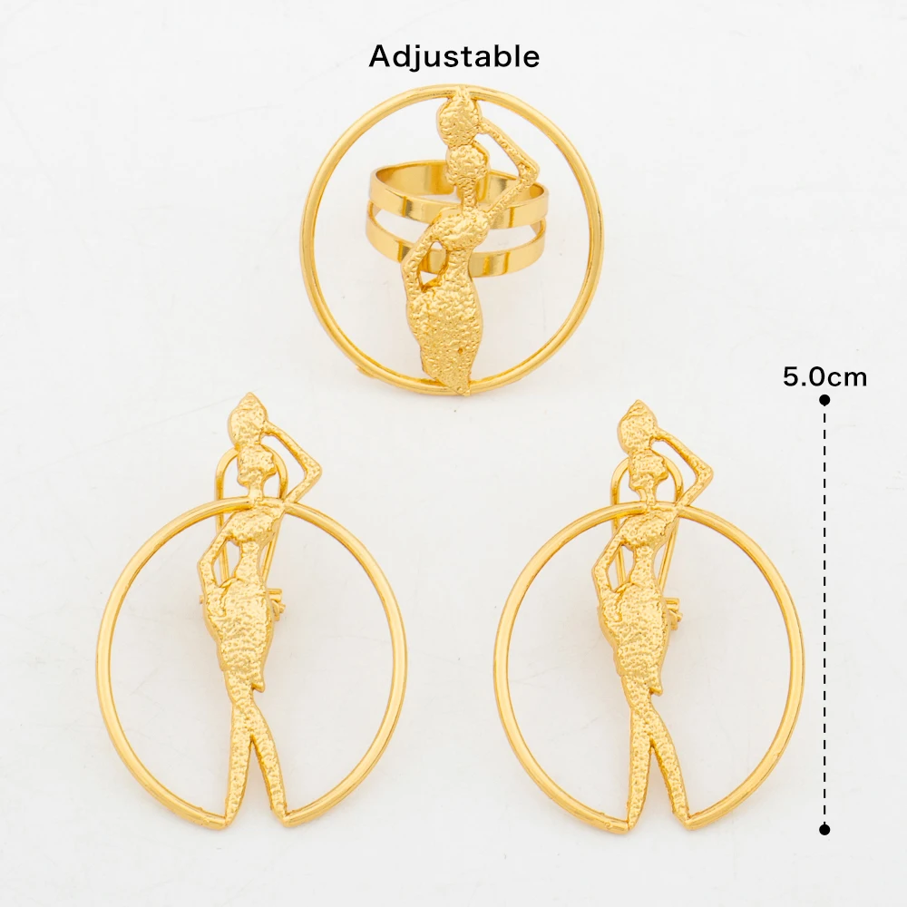African Gold Jewelry Set 18K Gold Plated Necklace and Earrings Bangle Ring Set for Women Classic Design Clip Jewelry
