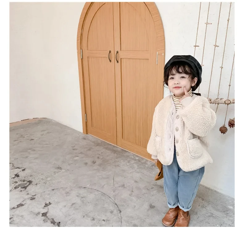 2026Korean Boys Fall Winter Clothes For Girls Velvet Loose Lamb Velvet Warm Children's Jacket Coat For Girls 0-5-year-old