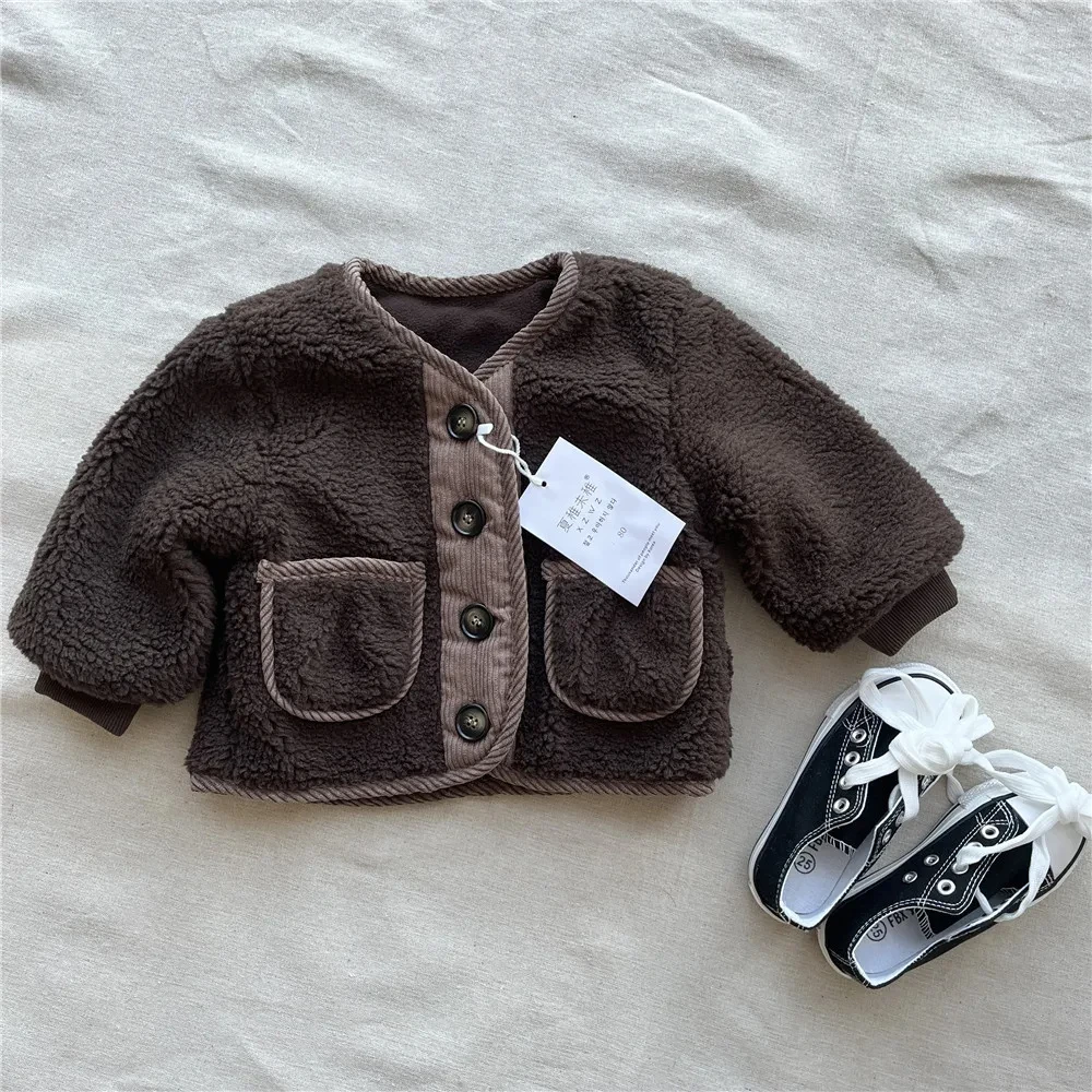 2026Korean Boys Fall Winter Clothes For Girls Velvet Loose Lamb Velvet Warm Children's Jacket Coat For Girls 0-5-year-old