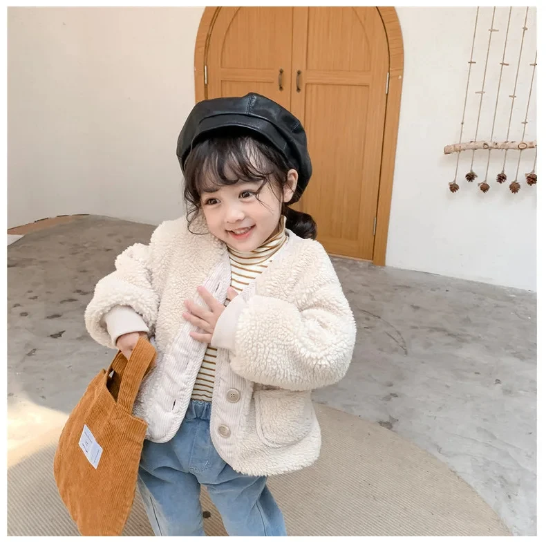 2026Korean Boys Fall Winter Clothes For Girls Velvet Loose Lamb Velvet Warm Children's Jacket Coat For Girls 0-5-year-old
