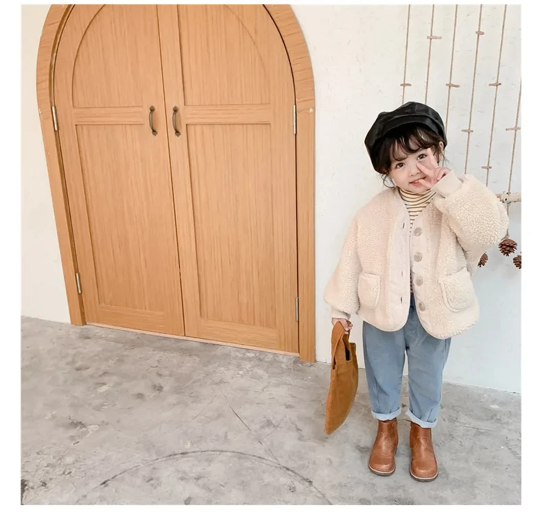 2026Korean Boys Fall Winter Clothes For Girls Velvet Loose Lamb Velvet Warm Children's Jacket Coat For Girls 0-5-year-old