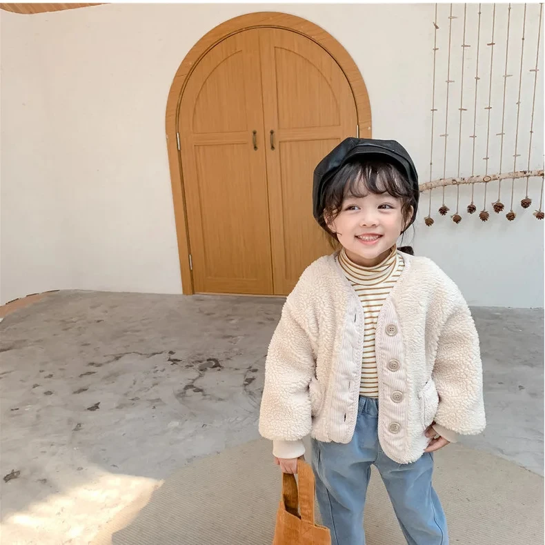 2026Korean Boys Fall Winter Clothes For Girls Velvet Loose Lamb Velvet Warm Children's Jacket Coat For Girls 0-5-year-old