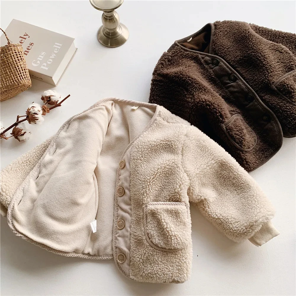 2026Korean Boys Fall Winter Clothes For Girls Velvet Loose Lamb Velvet Warm Children's Jacket Coat For Girls 0-5-year-old