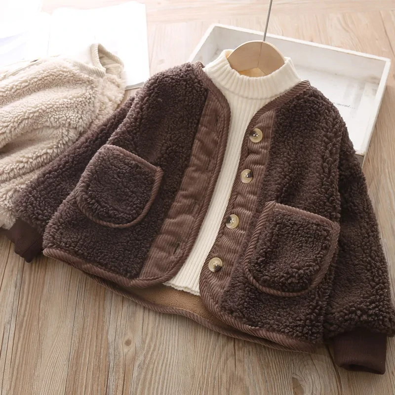 2026Korean Boys Fall Winter Clothes For Girls Velvet Loose Lamb Velvet Warm Children's Jacket Coat For Girls 0-5-year-old