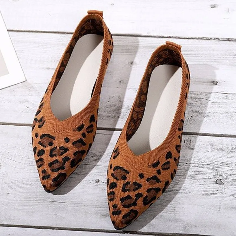 Elegant Houndstooth Knitted Ballet Flats Woman Point Toe Mesh Moccasins Ladies Big Size Leopard Loafers Soft Driving Shoes