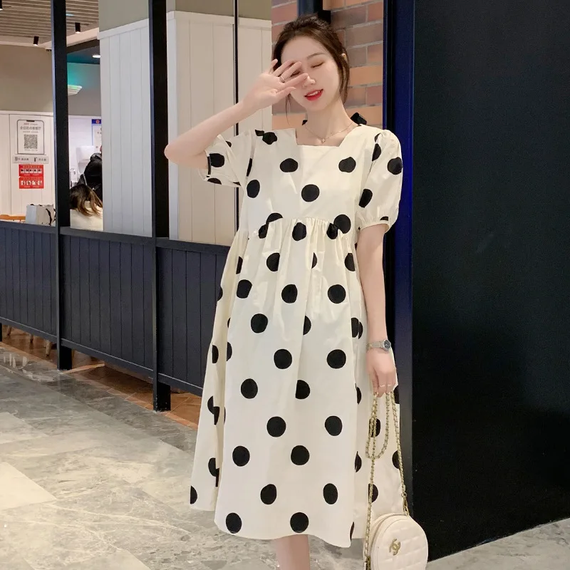 Fashionable Loose Long Pregnancy Dress Polka Dot T-shirt Summer Clothes Women Short Sleeve Fiber Fabric